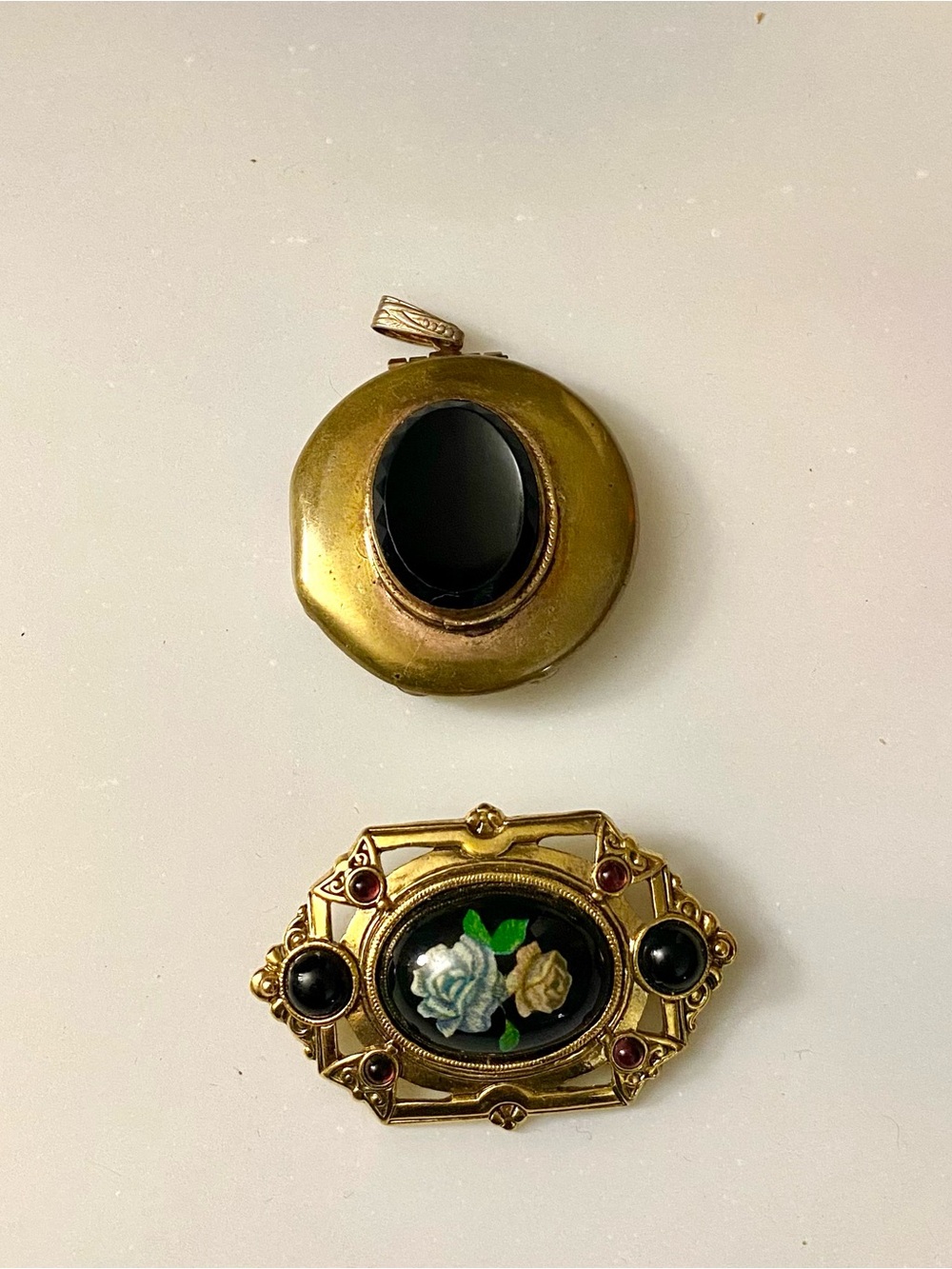 Gold-Tone Floral Micro Mosaic Brooch and Locket Pendant - Black and Gold